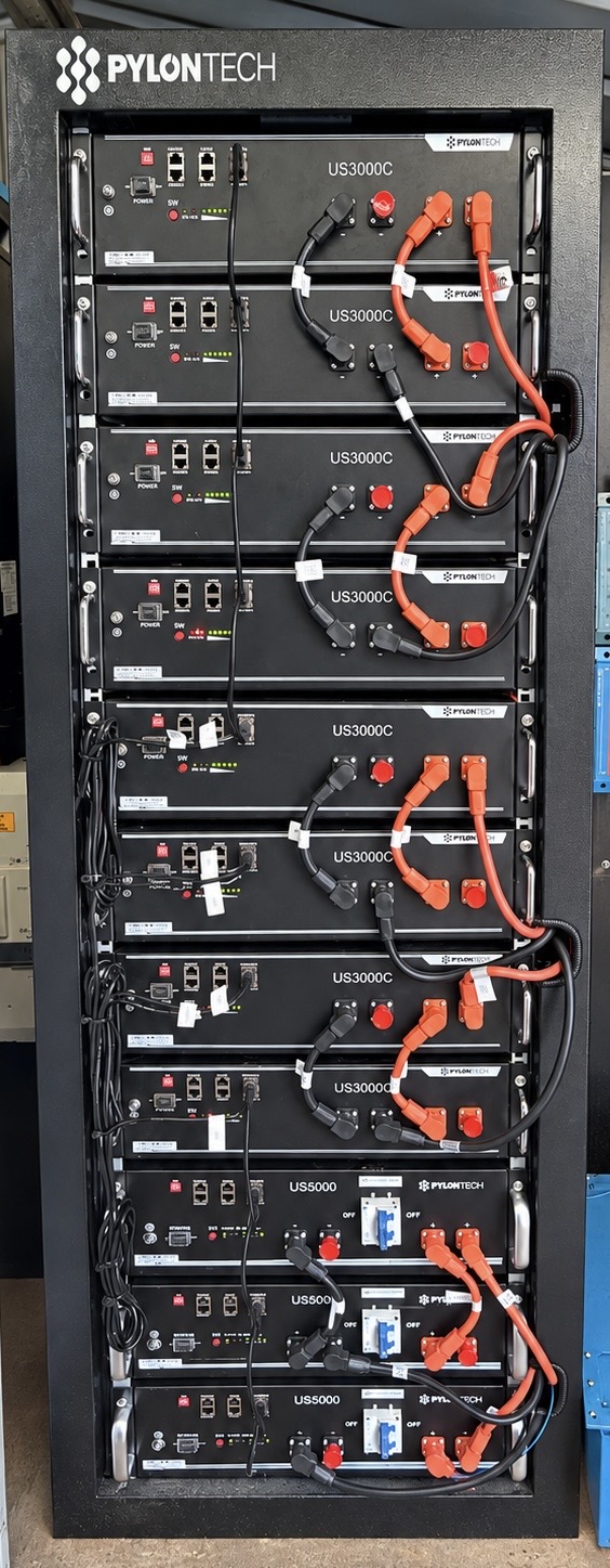 Pylontech battery rack with connected battery modules and cabling